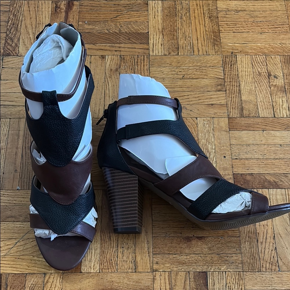 Avon Black and Brown Heeled Sandals with Chunky Block Heel
